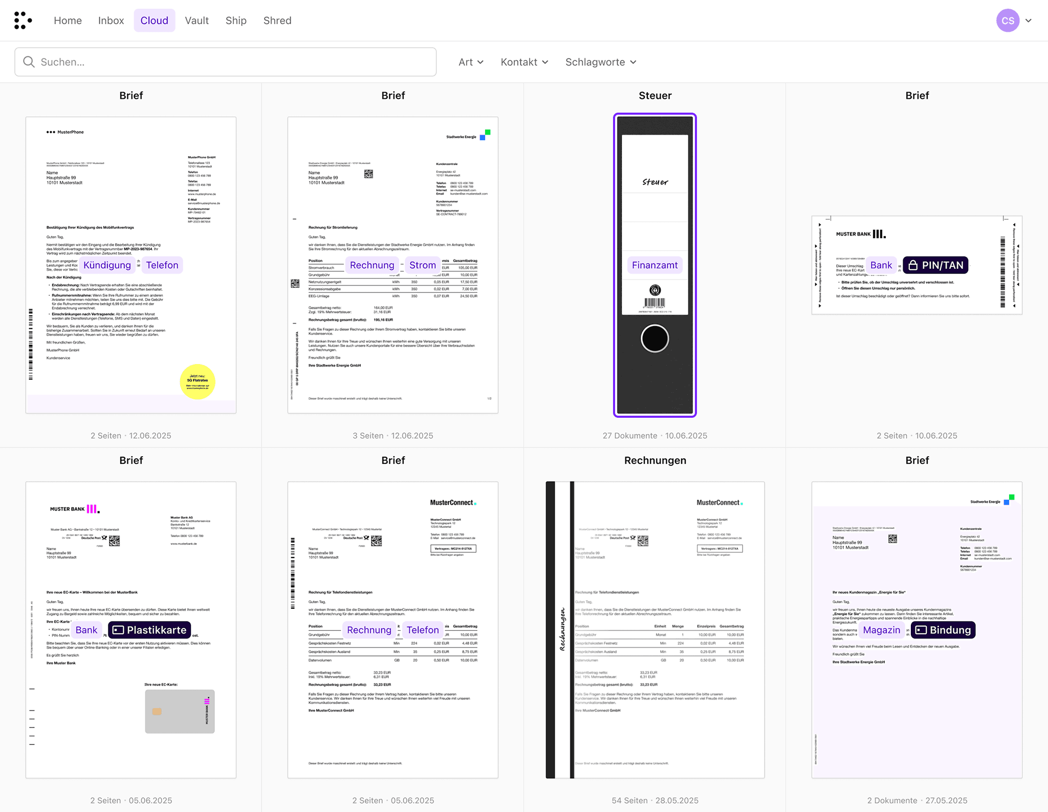 Dropscan digitales Postfach mit kategorisierter Post, Tags und Aktionsoptionen