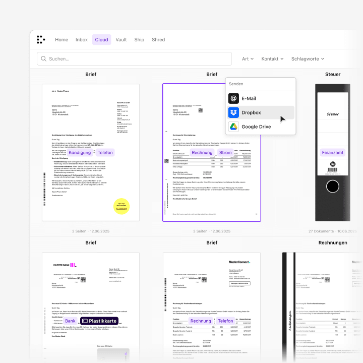 An online mailbox listing scanned documents